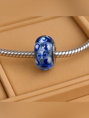 Chamilia 925 Silver Core Blue Floral Murano Glass Bead Charm EUC CHAMILIA #290